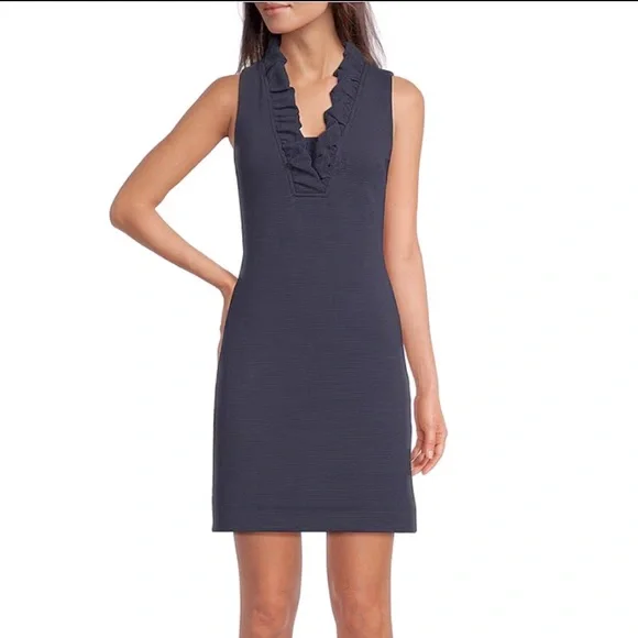 Lilly Pulitzer Tisbury Knit V-Neck Sleeveless Ruffle Detail Sheath Dress navy - Picture 2 of 9